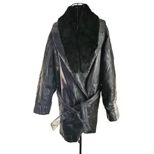 Giovanni NAVARRE Italian Stone Black Soft Leather Trench COAT Faux Fur Large